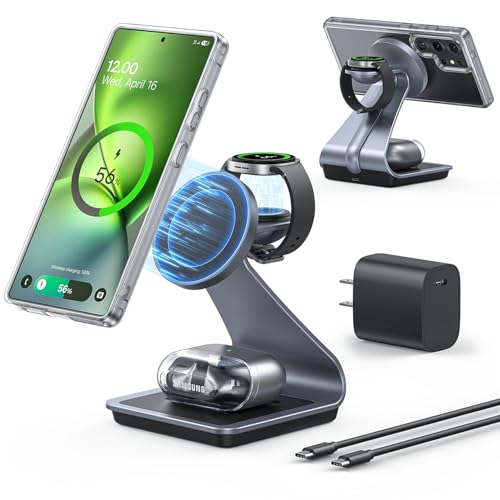 Meifigno Magnetic Wireless Charger for Samsung, 3 in 1 MagSafe Charging Station Aluminum Charger Stand for Galaxy S26/S25/Z Fold7/Z Flip7, Watch Charger Stand for Galaxy Watch Ultra 8 7, for Buds