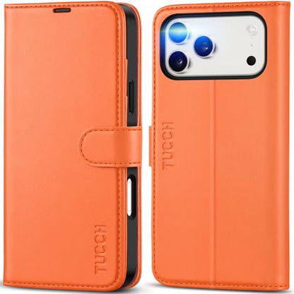TUCCH Wallet Case for iPhone 17 Pro Max (6.9") 2025, 4 Card Slots, Orange | RFID Blocking, Viewing Stand, Shockproof TPU Shell, PU Leather, Magnetic Closure, Protective Folio Flip Cover - color: Orange