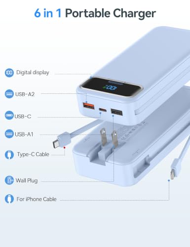 aonidi Portable Charger 20000mAh with Built-in Cables&AC Wall Plug, Blue - color: Sky Blue