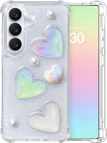 【3D Colorful Heart】for Samsung Galaxy S26 Case Cute Glitter Clear Case for Galaxy S26 with Kawaii Heart&Pearl Case Sparkly Protective Shockproof Slim Protective Phone Cover for Women Girls Girly - color: Holo Heart, size: for Galaxy S26