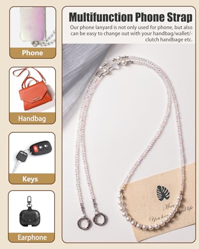 Phone Chain Crossbody Pearl Strap,Pearl Beaded Chain Shoulder Crossbody Lanyard with Phone Tether Patches Compatible with Most Phones Bag Purse - color: N