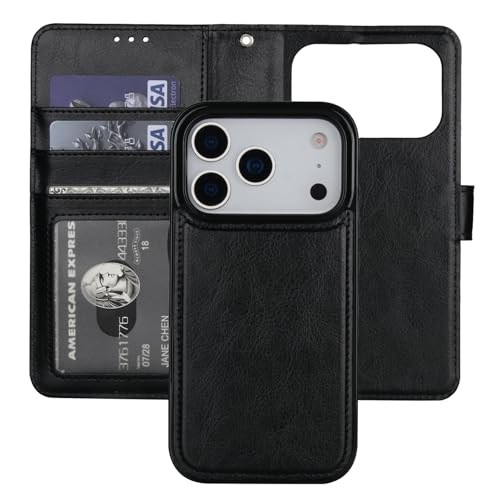 Bocasal Detachable Wallet Case Card Holder for iPhone 17 Pro, Black | RFID Blocking Kickstand Card Slots Holder PU Leather Magnetic Shockproof Wrist Strap Removable Flip Protective Cover 6.3 inch - color: Black