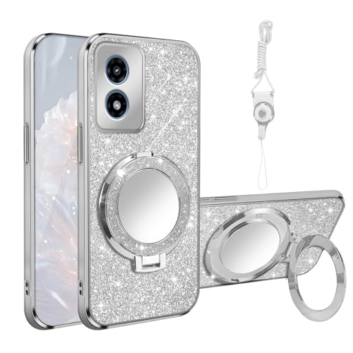 for Motorola G Play 4G 2024 Case [MagSafe Compatible] Glitter Card Clear Back Cover with Ring Kickstand, Lanyard, Mirror Soft TPU Protective Cover for Moto G Play 4G 2024 Phone Case, Silver - color: Silver, size: Motorola Moto G Play 4G 2024