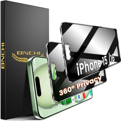 2 Pack 4 Way 360° Privacy Screen Protector for iPhone 15/iPhone 16, Horizontal and Vertical All Around Anti-Spy 9H Tempered Glass Film, Scratch Resistant, Zero Bubbles, Face ID Sensitive - size: iPhone 15/iPhone 16