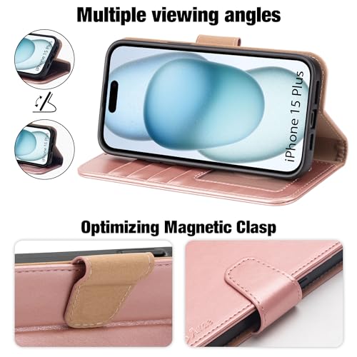 Arae Compatible with iPhone 15 Plus Case with Card Holder and Wrist Strap Wallet Flip Cover for iPhone 15 Plus 6.7 inch,Rose Gold - color: Rose Gold, size: iPhone 15 Plus 6.7 inch