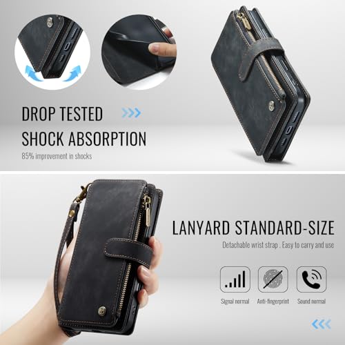 Compatible with iPhone 17 Wallet Case with Card Holder Kickstand Magnetic Zipper Pocket Lanyard Strap Wristlet,Leather Flip Case Wallet for iPhone 17 6.3 Inch (Black) - color: Black, size: iPhone 17 6.3 Inch