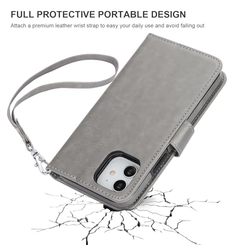 Bocasal Detachable Wallet Case Card Holder for iPhone 12/12 Pro, Grey | Kickstand Card Slots Holder PU Leather Magnetic Shockproof Wrist Strap Removable Flip Protective Cover 6.1 inch - color: Gray