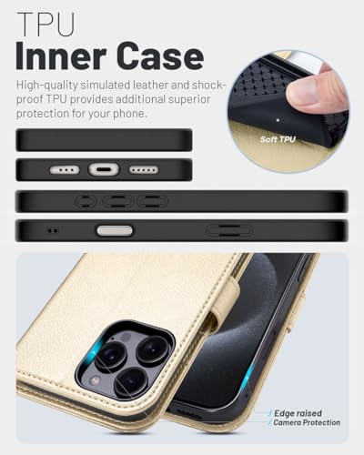 OCASE Compatible with iPhone 16 Pro Max Wallet Case, PU Leather Flip Folio Case with Card Holders RFID Blocking Kickstand [Shockproof TPU Inner Shell] Phone Cover 6.9 Inch 2024, Gold | Magnetic Flip Folio Cover with RFID Blocking, Card Holders, Shockproof