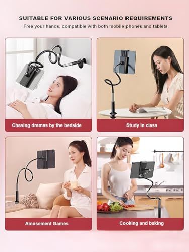 Cell Phone Bed Stand Holder, 360 Adjustable Clamp Clip, Cell Phone Holder, with Grip Flexible Long Arm Bracket Mount Clamp, for Desk, Compatible with iPhone 14 Pro Max or Other 3.5-7" Devices (Black)