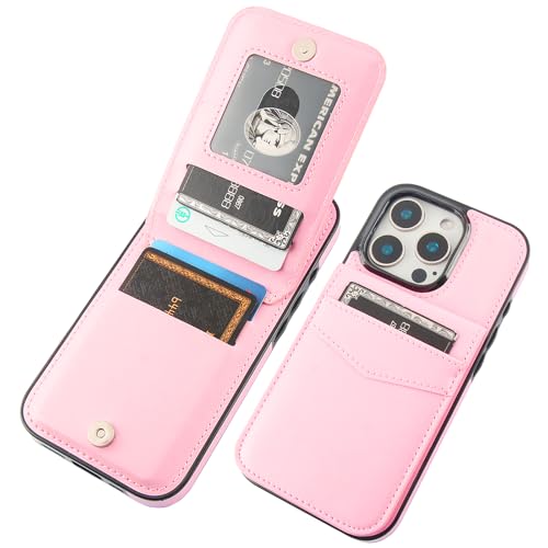 KIHUWEY for iPhone 16 Pro Wallet Case Card Holder Kickstand, Pink | Credit Card Slots, PU Leather, Magnetic Clasp, Flip Heavy Duty Protection Cover for Men and Women - color: Pink