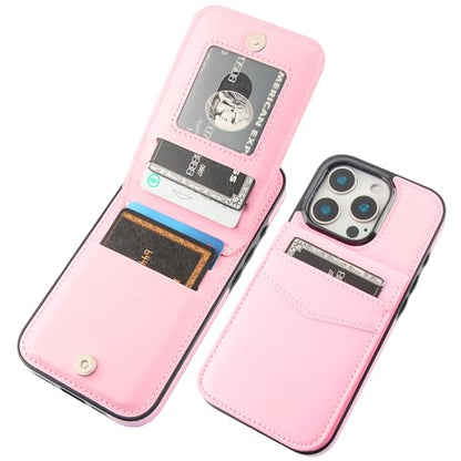 KIHUWEY for iPhone 16 Pro Wallet Case Card Holder Kickstand, Pink | Credit Card Slots, PU Leather, Magnetic Clasp, Flip Heavy Duty Protection Cover for Men and Women - color: Pink