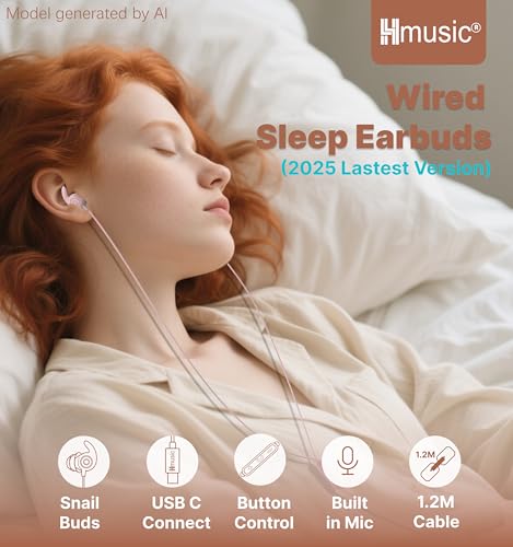 Hmusic USB C Wired Sleep Earbuds, 2g Lightweight Earphones for Side Sleeper - color: Pink, size: USB-C