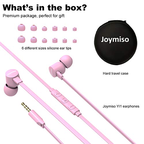 Joymiso Wired Earbuds for School Kids Women Small Ears w Mic and Case, Pink
