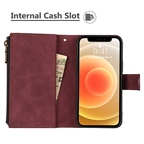 iCoverCase for iPhone 12 Mini Wallet Case with Card Holder and Wrist Strap, PU Leather Kickstand Card Slots Zipper Pocket Magnetic [Detachable] Flip Cover Case 5.4 Inch (Claret) - color: Claret