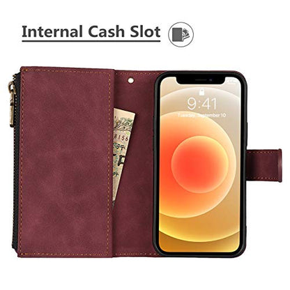 iCoverCase for iPhone 12 Mini Wallet Case with Card Holder and Wrist Strap, PU Leather Kickstand Card Slots Zipper Pocket Magnetic [Detachable] Flip Cover Case 5.4 Inch (Claret) - color: Claret