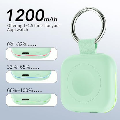 HUOTO for Portable Apple Watch Charger, Mini Purse Keychain 1200mAh iWatch Charger Power Bank Wireless Battery Pack Travel Smart Watch Chargers for Apple Watch Series 11 10 9 8 7 6 5 4 3 2 SE Ultra 2 - color: Green