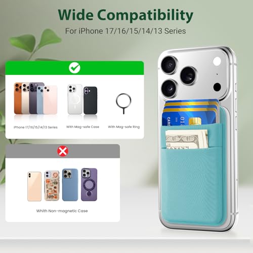 takyu Wallet Compatible with Magsafe, Stretchy Cloth Fabric 2600Gs Secure Magnetic Strength Minimalist Wallet Phone Credit Card Holder Compatible with iPhone 17 16 15 14 13 12 Series Case Green - color: Aqua