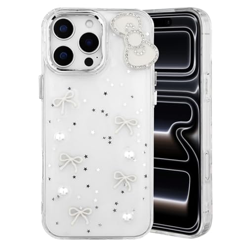 for iPhone 16 Pro Case Cute Bow 3D Phone Case, Clear Glitter Bowknot Aesthetic Design Soft TPU Slim Shockproof Protective Cover for Women Girls-White - color: White, size: iPhone 16 Pro(6.3inch)