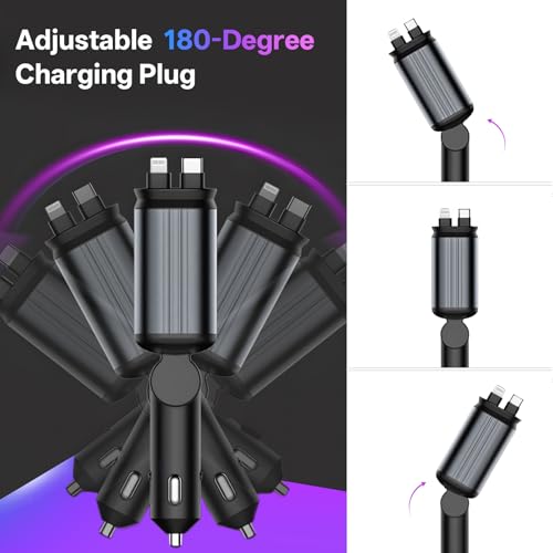 Retractable Car Charger, 4-in-1 Fast Charger with USB-C & USB-A - color: Red Starry Sky Light