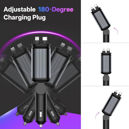 Retractable Car Charger, 4-in-1 Fast Charger with USB-C & USB-A - color: Red Starry Sky Light