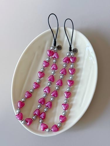Drawwind Phone Charm Beaded Wristlet Strap Universal Cell Phone Lanyard Cute Bracelet Wrist Strap Beaded Chain String Handmade Accessories for Case Camera Bags (Hot Pink Hearts) - color: Hot Pink Hearts
