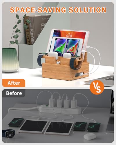 Pezin & Hulin Bamboo Phone Charging Station with 5-Port Charger & 5 Cables - color: Dock Rack+Cables+Charger
