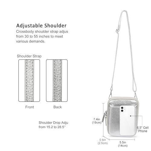 befen Genuine Leather Crossbody Cell Phone Purse for Women, Small Zip Around RFID Blocking Crossbody Wallet Bags - color: Silver