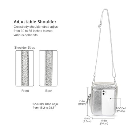 befen Genuine Leather Crossbody Cell Phone Purse for Women, Small Zip Around RFID Blocking Crossbody Wallet Bags - color: Silver