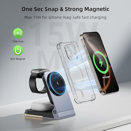 Aluminum 3 in 1 Wireless Charging Station,Foldable Wireless Charger for Apple Magsafe with Light,Portable Travel Magnetic Charger Stand for iPhone 17/16/15/14,Watch,Airpod,with PD 20W Adapter & Case - color: Black