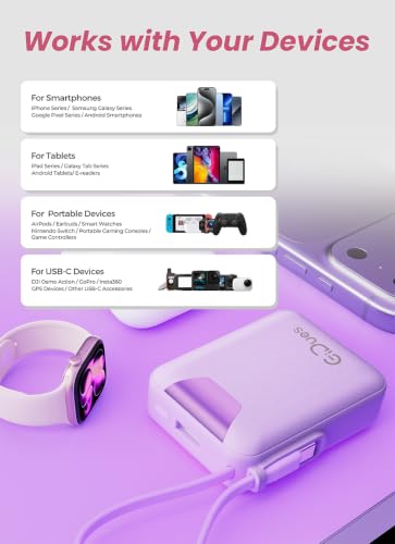 M1 Mini Portable Charger, 10000mAh Ultra-Compact Power Bank, 22.5W PD Fast Charging, Tpye-C Built-in Cable, Small External Battery Pack for iPhone, Samsung, Android iPad (Purple) - color: Purple