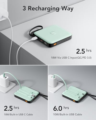 VRURC Portable Charger with Built-in Cable, 10000mAh 22.5W Fast Charging USB C Battery Pack, Cell Phone Power Bank for iPhone 17 16 15 Series Android Tablet (Green) - color: Green