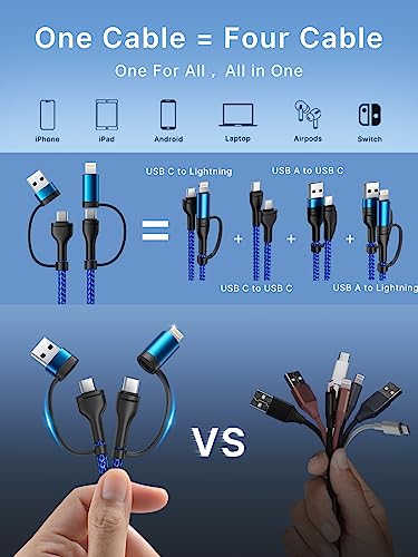 4 in 1 Charging Cable, 60W USB C to Lightning Cable 6.6FT, USB A/C to C/Lightning Multi Charging Cable Fast Charging for iPhone 16 15 14 13 Pro Max/MacBook Pro/Samsung S25 S24/Switch 2,Blue - color: Blue