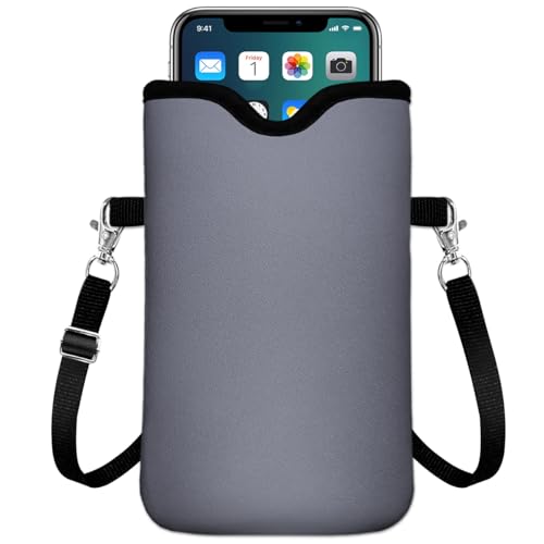 IRADA Neoprene Cell Phone Sleeve Pouch Case Bag with Crossbody Strap Neck Lanyard for Women Men 7.6 X 4.3 Inches-Grey Shockproof Universal Phone Bag - color: Grey-Phone Sleeve