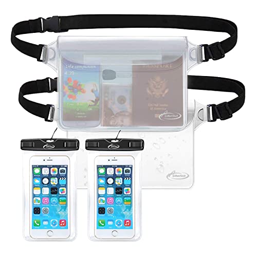 AiRunTech Waterproof Phone Pouch, Cruise Essentials 4-Piece Set, Beach Vacation Kayak Cruise Accessories Must Haves, Waterproof Bag for Travel with Phone Lanyard (2 Phone Cases + 2 Fanny Packs) - color: 2 * phone cases(black) + 2 * fanny packs(clear), siz