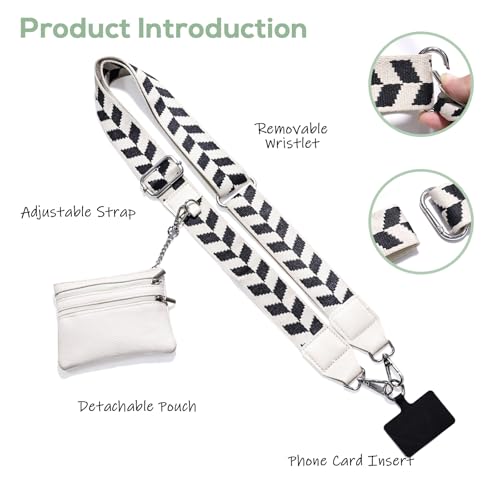 Clip and Go Phone Strap with Wallet Crossbody, Phone Chain Cross Body with Detachable Zippered Pouch, Phone Lanyard with Purse, Adjustable Mobile Strap (White) - color: White