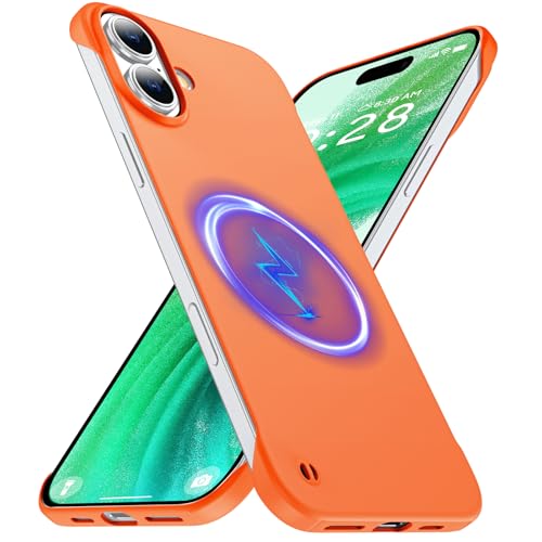 GRECAZO Magnetic Slim Frameless Case for iPhone 17, Orange | Compatible with MagSafe, Soft-Touch Matte Hard PC Cover, Ultra Thin Lightweight Minimalist, Pull Ring Lanyard, 6.3-Inch - color: Orange, size: iPhone 17