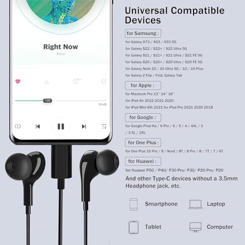 USB C Headphones for Samsung Galaxy S26 S25 S24 Ultra iPhone 17 16 Pro Max - color: Black