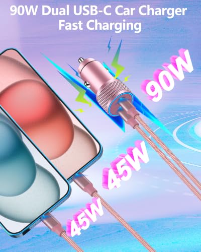 Apple MFi Certified iPhone Duo 18 17 Pro Max Car Charger, USB C Car Charger - color: Titanium Pink