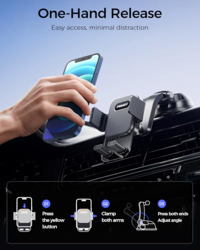 PISEN Dashboard Car Phone Mount - One Press Lock Dash Phone Holder for Car, 360° Rotating One-Button Release Dash Car Phone Holder, Strong Suction Dashboard Car Phone Mount for Most Smartphone (Black)