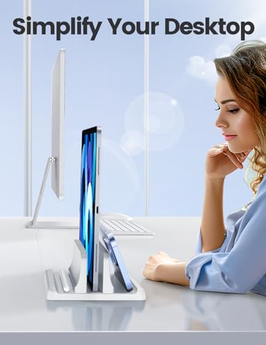 Vaydeer Vertical Laptop Stand Holder Plastic Adjustable Desktop Notebook Dock Space-Saving 3 in 1 for All MacBook Pro Air, Mac, HP, Dell, Microsoft Surface, Lenovo, up to 17.3 inches (White) - color: White