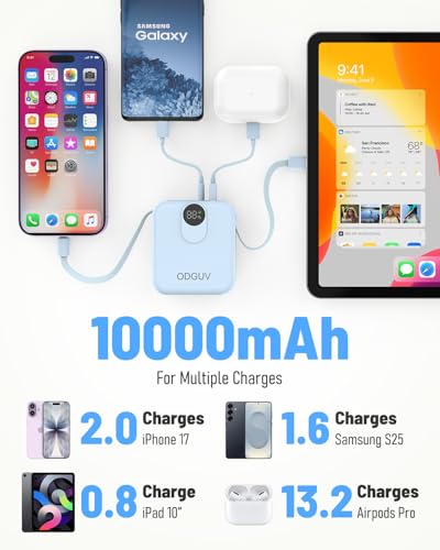 Small Portable Charger with Built-in Cables,22.5W Fast Charging Power Bank,USB-C Mini Battery Pack 10000mAh,Travel Essential Powerbank for iPhone Samsung Android iPad MacBook,Blue - color: blue