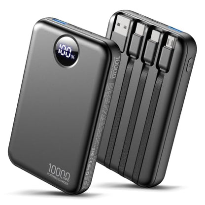 Portable Charger 10000mAh with 4 Built-in Cables 40% Smaller - color: Black