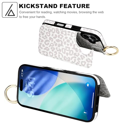 HAOPINSH Wallet Case for iPhone 17 with Card Holder, White Leopard Cheetah Print Back Flip Folio PU Leather Kickstand Card Slots Case, Finger Grip Ring Double Magnetic Clasp Shockproof 6.3" - color: White Leopard Grip Ring