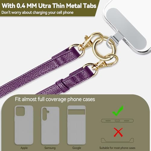 Clip and Go Phone Strap Crossbody Wrist 2 in 1 Leather Lanyard with Tether Hanging Loops Adjustable Anti-Theft Purse Replacement Handbag Long Thin Shoulder Neck Straps for All Phones Keys Bags Puple - color: Puple