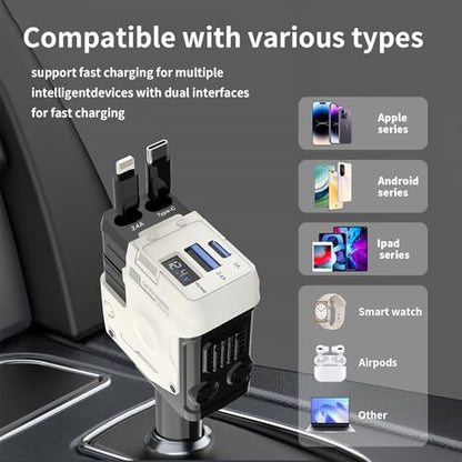 4 in 1 Retractable Car Charger with 4 Shock Absorbers,Cigarette Lighter Adapter with Retractable Cables (31.5 in),Road Trip Essentials for Iphone12/13/14/15/16/17(White)