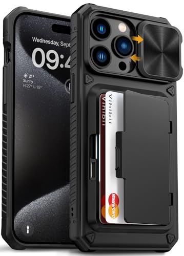 Vihibii for iPhone 15 Pro Max Case Wallet with Card Holder (4 Cards), Black | Slide Camera Cover, Kickstand, Military Grade Drop Protection, Rugged Hard Back, Silicone Edge Wallet Phone Case, 2023, Black - color: Black, size: iPhone 15 Pro Max