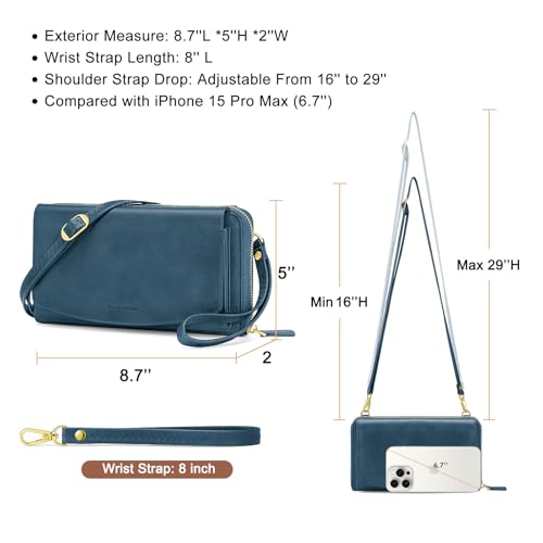 Peacocktion Womens Crossbody Wristlet Wallets with Cell Phone Pocket RFID Vegan Leather Cross Body Purses Travel - color: 04-dark Blue