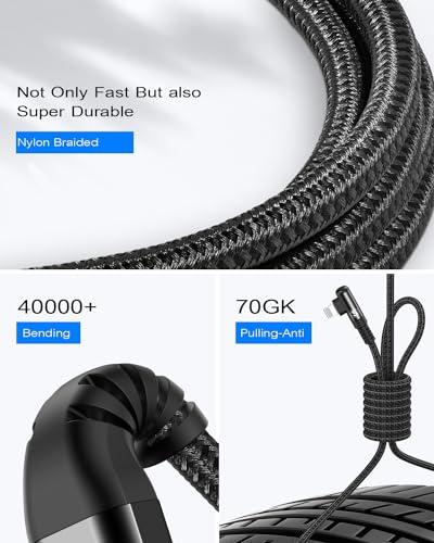 Right Angle i Phone Charger Cable 2-Pack, 10FT, [Apple MFi Certified] Ligtning Cable Fast Charging Nylon Braided Compatible with i Phone 14/13/12/11 Pro Max/XS MAX/XR/XS/X/8/7/Plus/6S/6/SE/5S/i Pad - color: Black, size: 10ft+10ft