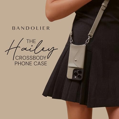 Bandolier Hailey Leather Crossbody Phone Case iPhone 15 Pro Max- Greige | Crossbody leather phone case. Built-in wallet w/ snap-closure. Adjustable & removable leather strap. Phone drop protection. - color: Greige/Silver, size: iPhone 15 Pro Max