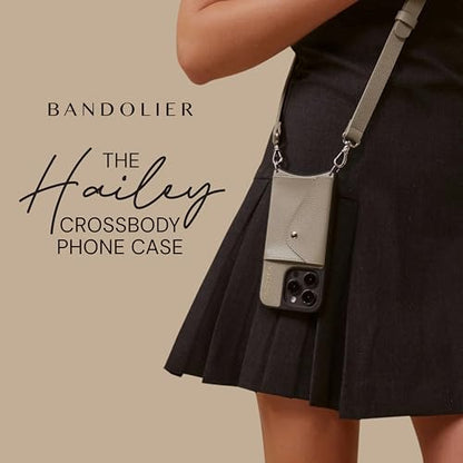 Bandolier Hailey Leather Crossbody Phone Case iPhone 15 Pro Max- Greige | Crossbody leather phone case. Built-in wallet w/ snap-closure. Adjustable & removable leather strap. Phone drop protection. - color: Greige/Silver, size: iPhone 15 Pro Max